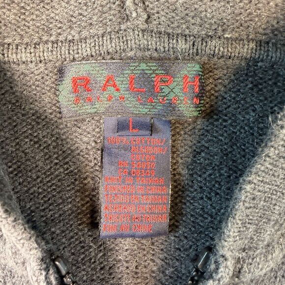 90’s Men's L “RALPH” Ralph Lauren Full Zip Knit Hoodie Grey Sweater Vintage - Picture 4 of 6